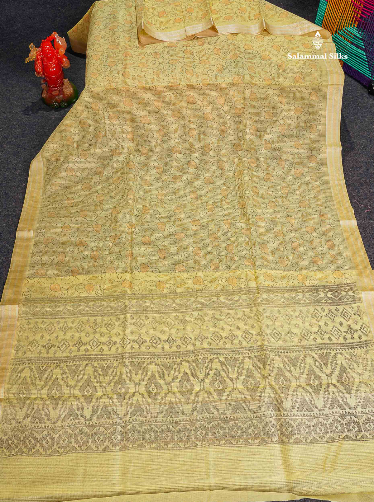 Kota Cotton Fancy Saree - Pista Green Colour Body Floral Design With Fancy Border
