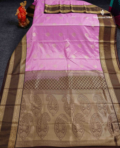 Semi Silk Saree - Pink Shade Butta With Vaira Oosi Lines Along With Contrast Dark Brown Traditional Border