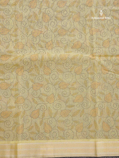 Kota Cotton Fancy Saree - Pista Green Colour Body Floral Design With Fancy Border