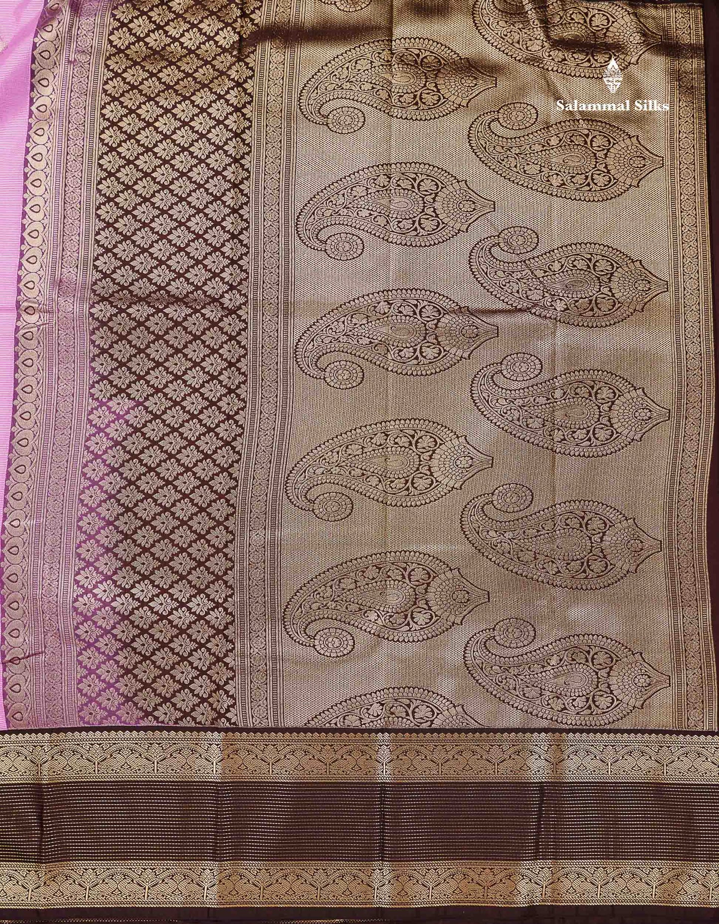 Semi Silk Saree - Pink Shade Butta With Vaira Oosi Lines Along With Contrast Dark Brown Traditional Border