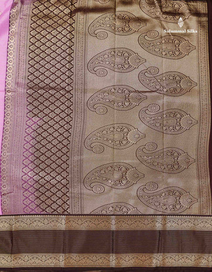Semi Silk Saree - Pink Shade Butta With Vaira Oosi Lines Along With Contrast Dark Brown Traditional Border