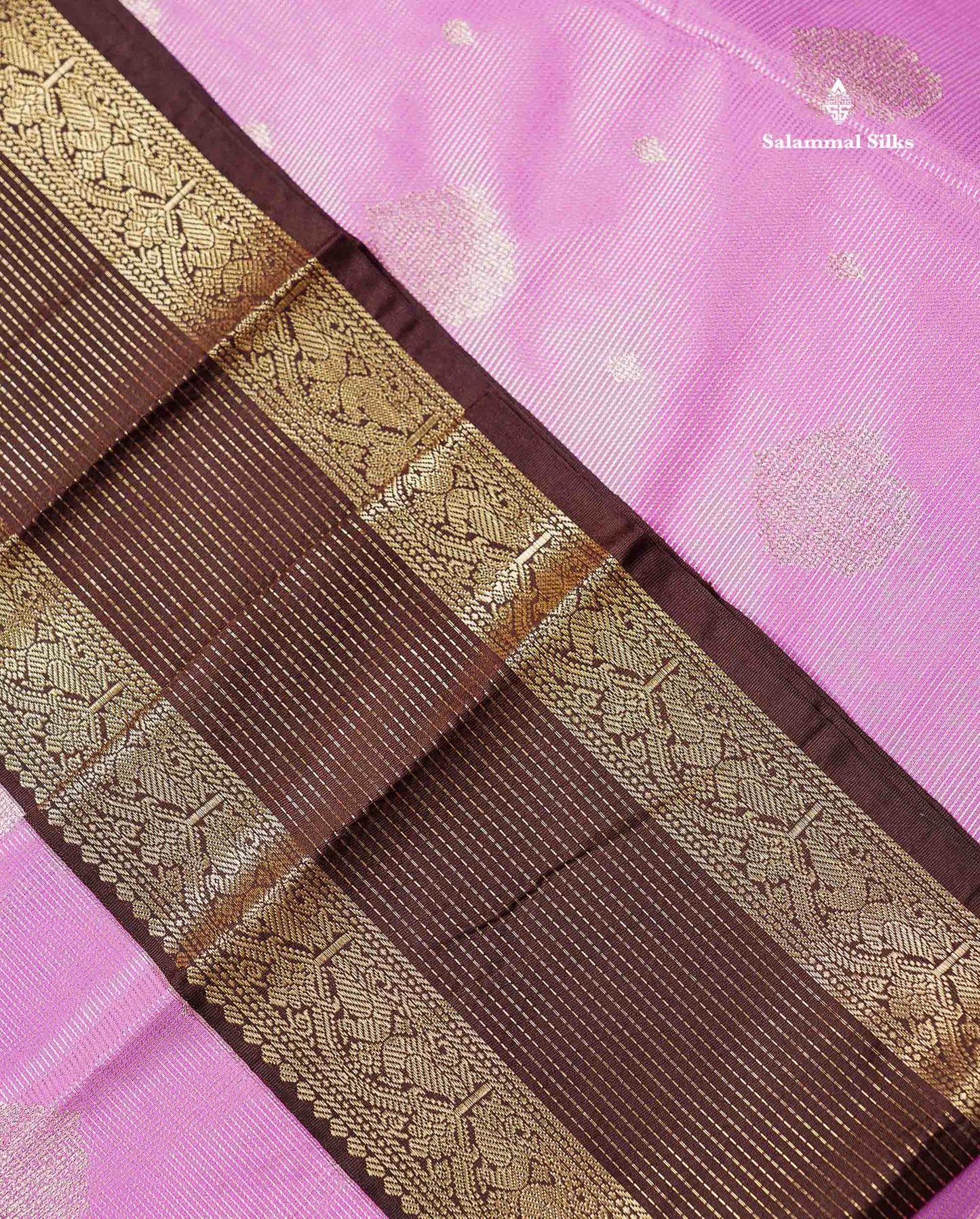 Semi Silk Saree - Pink Shade Butta With Vaira Oosi Lines Along With Contrast Dark Brown Traditional Border