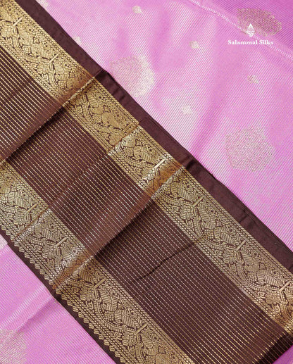 Semi Silk Saree - Pink Shade Butta With Vaira Oosi Lines Along With Contrast Dark Brown Traditional Border