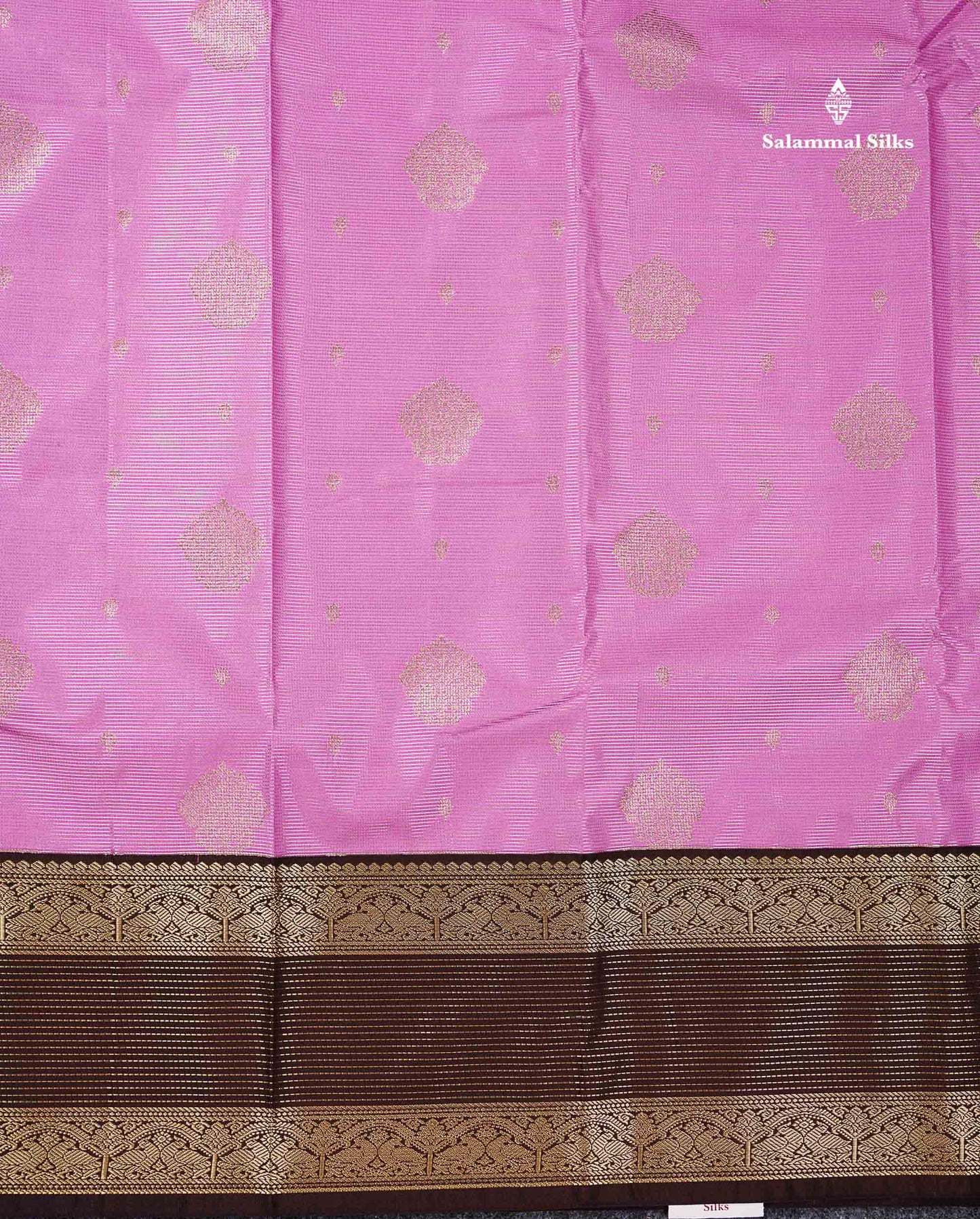 Semi Silk Saree - Pink Shade Butta With Vaira Oosi Lines Along With Contrast Dark Brown Traditional Border