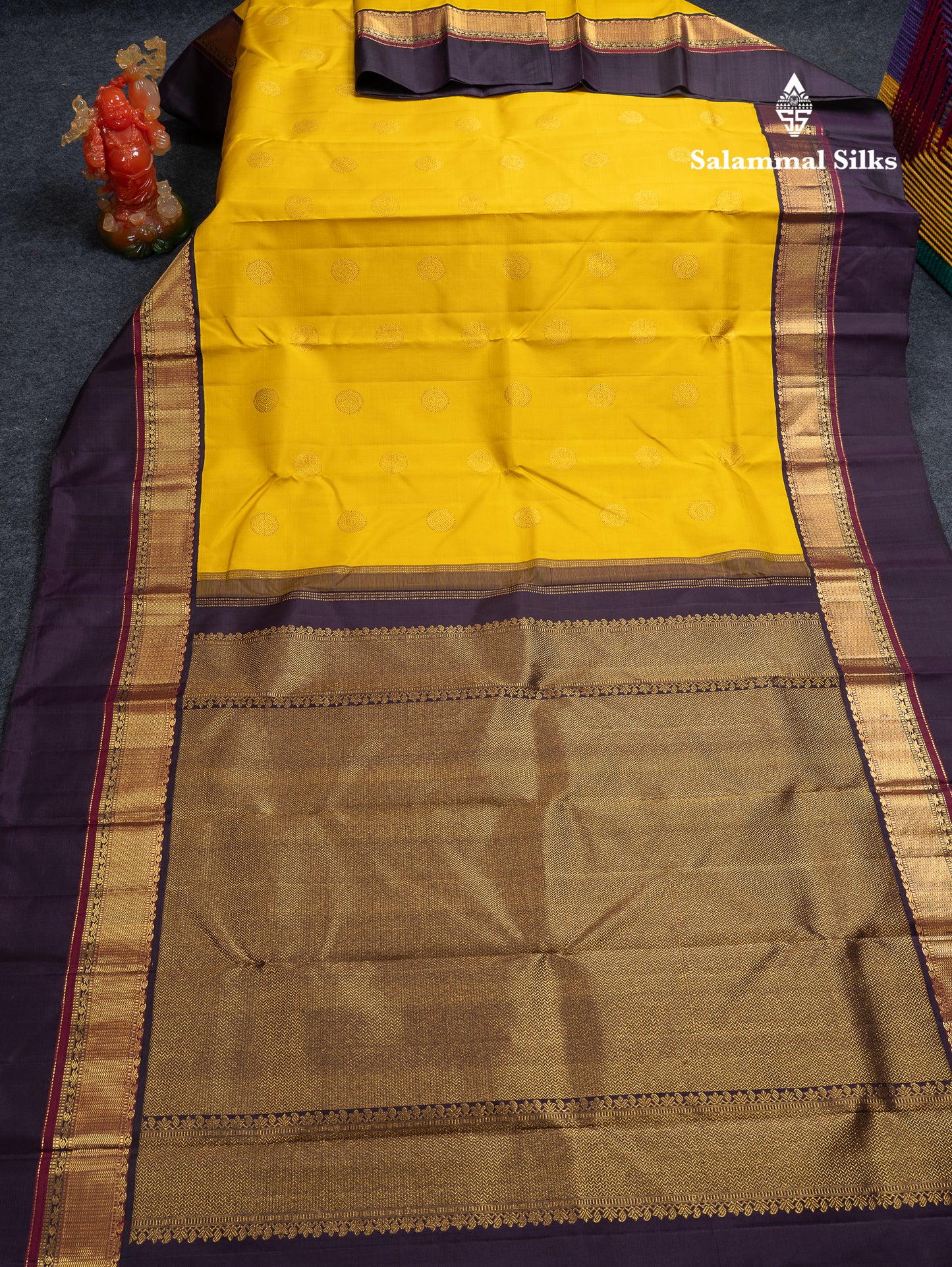 Korvai Beautiful Golden Yellow Pure Kanjivaram Silk Saree With Contrast Dark Violet Traditional Border