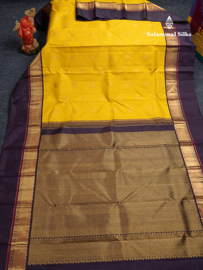 Korvai Beautiful Golden Yellow Pure Kanjivaram Silk Saree With Contrast Dark Violet Traditional Border