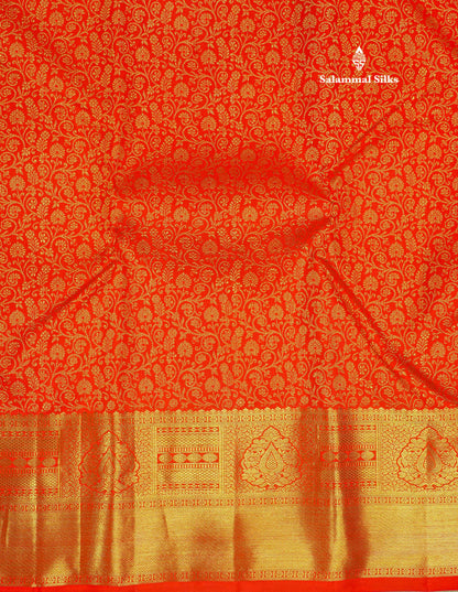 Pure zari (3G)
Bridal Chilly Red Pure Kanjivaram Silk Saree with Traditional Gold Zari Border