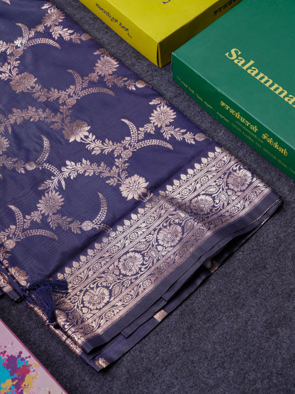 Beautiful Peacock Green Semi Banaras Saree With Fancy Border