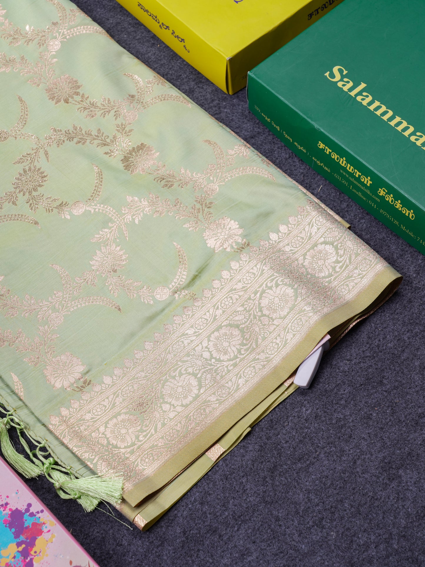 Beautiful Peacock Green Semi Banaras Saree With Fancy Border