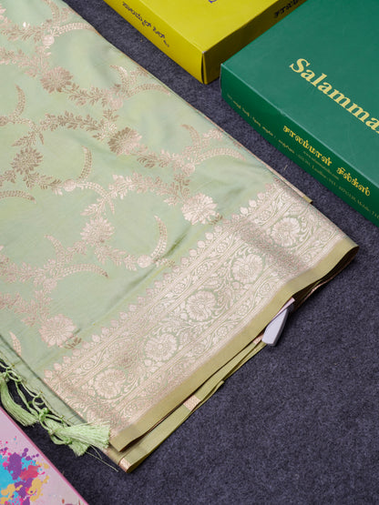 Beautiful Peacock Green Semi Banaras Saree With Fancy Border