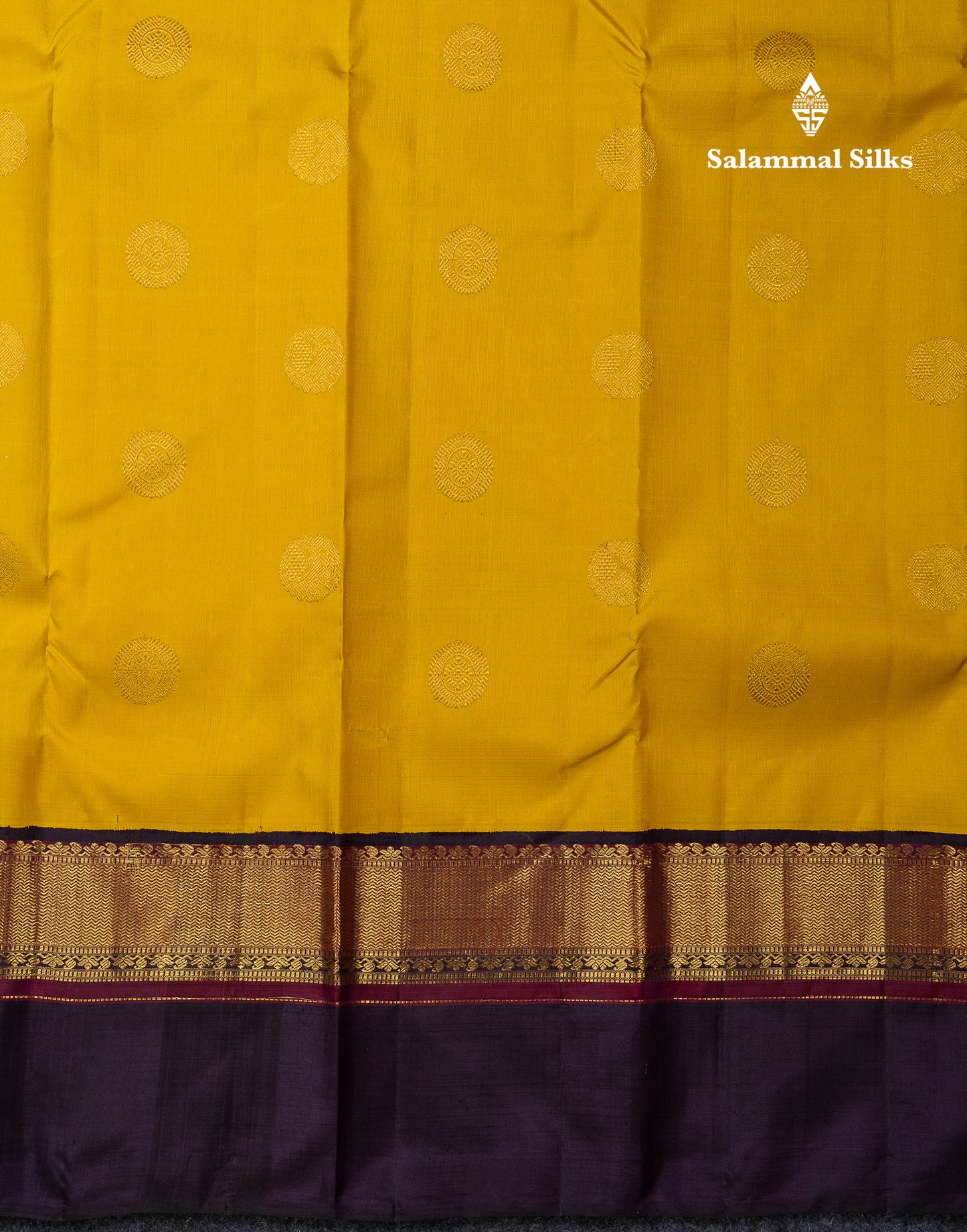 Korvai Beautiful Golden Yellow Pure Kanjivaram Silk Saree With Contrast Dark Violet Traditional Border