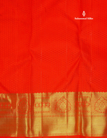 Pure zari (3G)
Bridal Chilly Red Pure Kanjivaram Silk Saree with Traditional Gold Zari Border