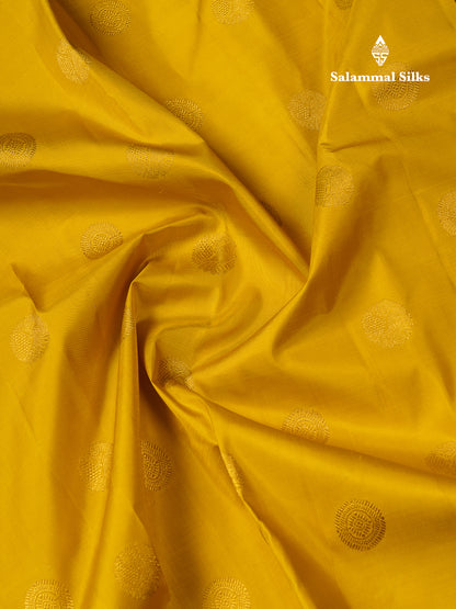 Korvai Beautiful Golden Yellow Pure Kanjivaram Silk Saree With Contrast Dark Violet Traditional Border