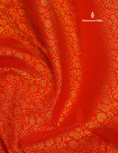 Pure zari (3G)
Bridal Chilly Red Pure Kanjivaram Silk Saree with Traditional Gold Zari Border