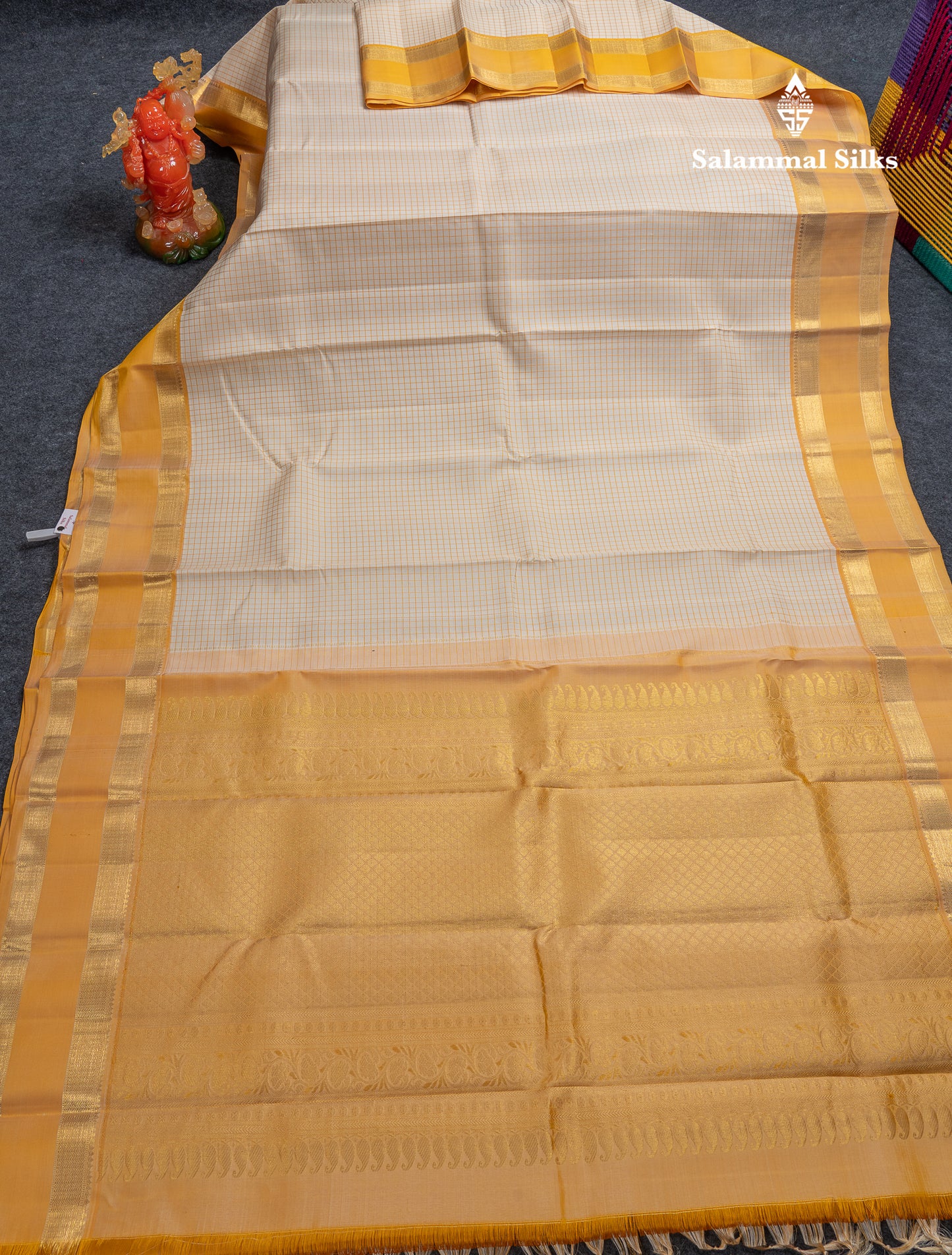 Beautiful Half White Small Checks Pure Kanjivaram Silk Saree With Contrast Mustard Yellow Traditional Gap Border