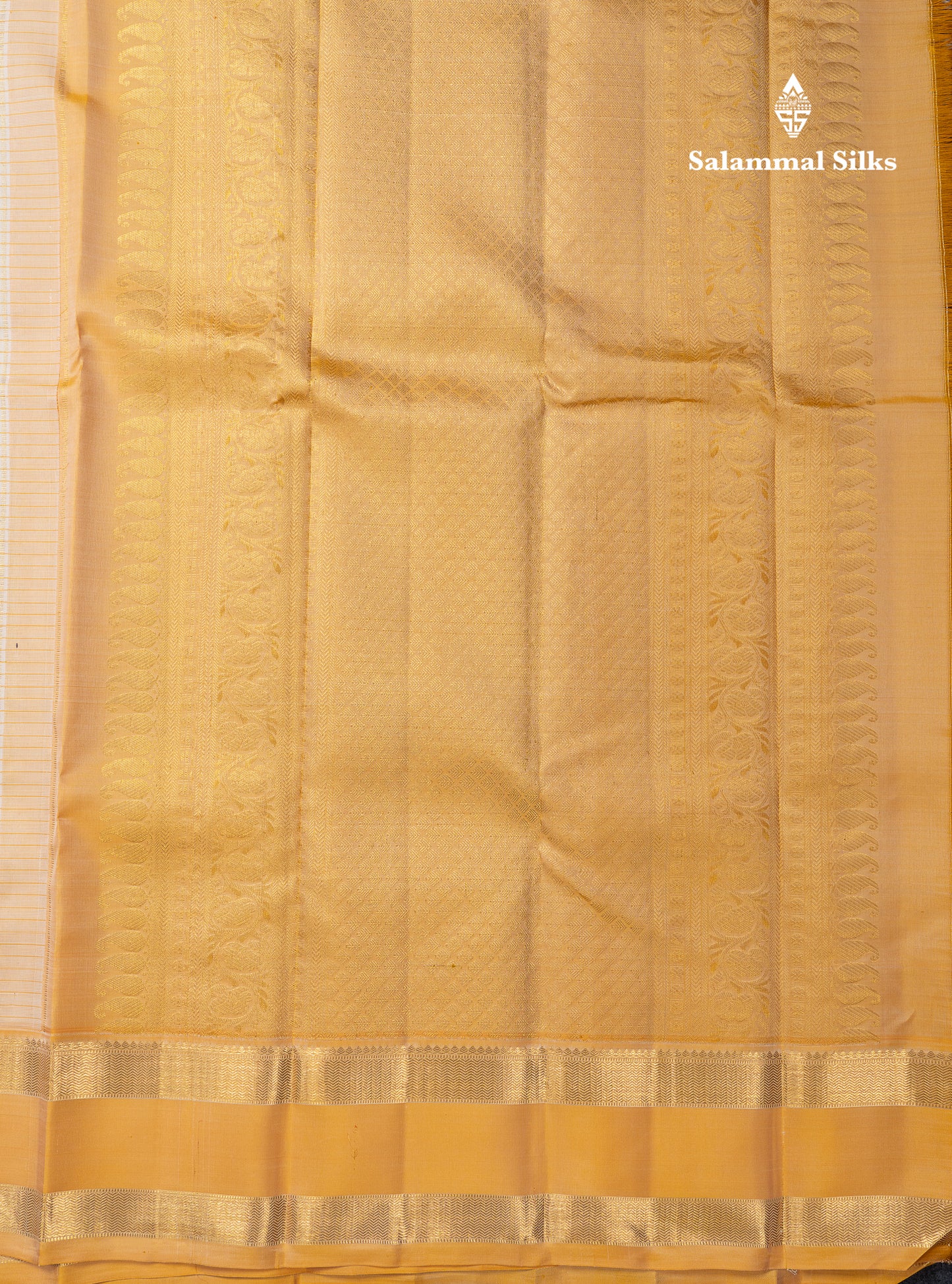 Beautiful Half White Small Checks Pure Kanjivaram Silk Saree With Contrast Mustard Yellow Traditional Gap Border