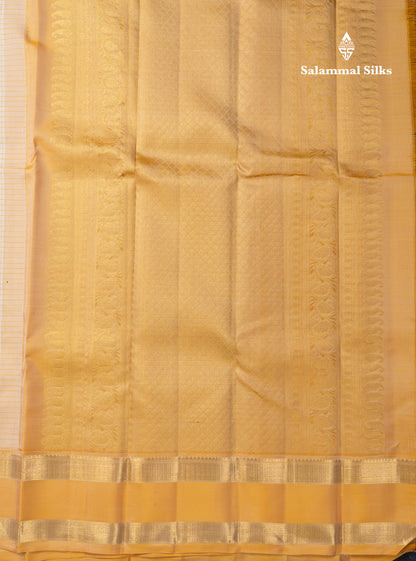 Beautiful Half White Small Checks Pure Kanjivaram Silk Saree With Contrast Mustard Yellow Traditional Gap Border