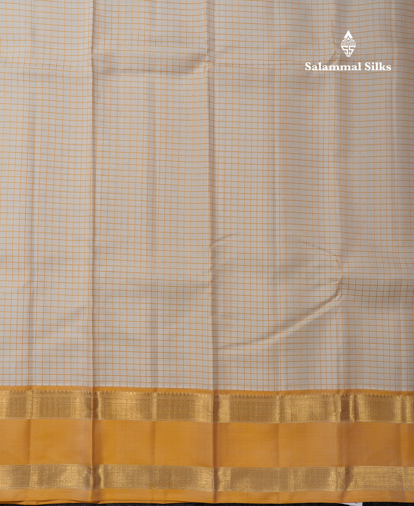 Beautiful Half White Small Checks Pure Kanjivaram Silk Saree With Contrast Mustard Yellow Traditional Gap Border