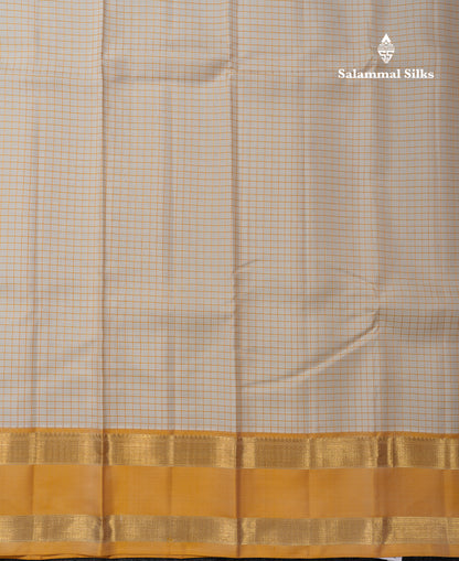 Beautiful Half White Small Checks Pure Kanjivaram Silk Saree With Contrast Mustard Yellow Traditional Gap Border