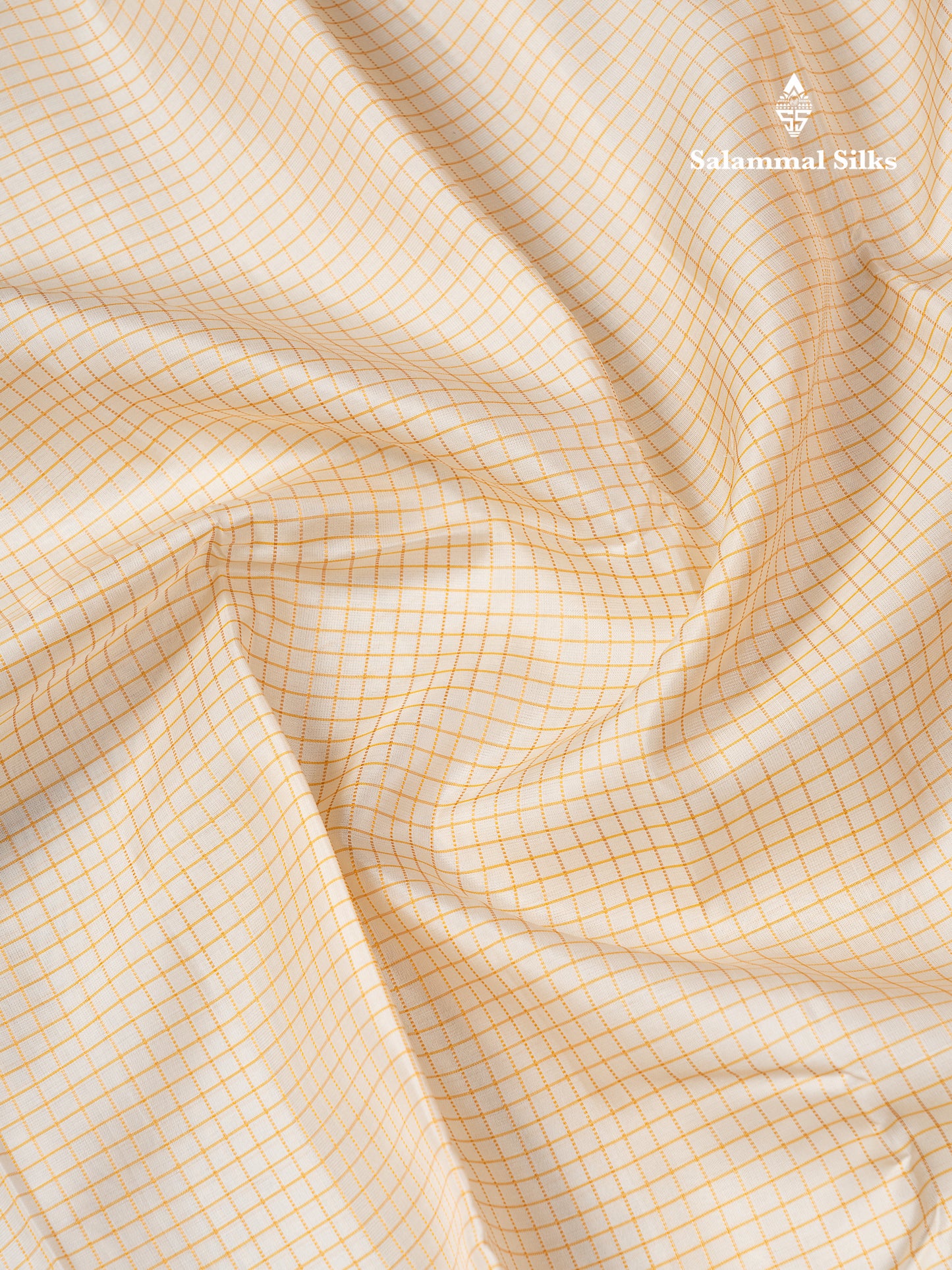 Beautiful Half White Small Checks Pure Kanjivaram Silk Saree With Contrast Mustard Yellow Traditional Gap Border