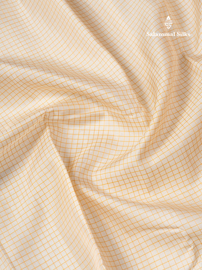 Beautiful Half White Small Checks Pure Kanjivaram Silk Saree With Contrast Mustard Yellow Traditional Gap Border