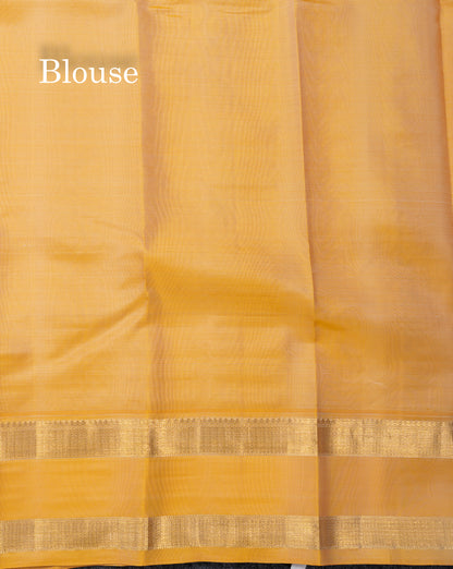 Beautiful Half White Small Checks Pure Kanjivaram Silk Saree With Contrast Mustard Yellow Traditional Gap Border