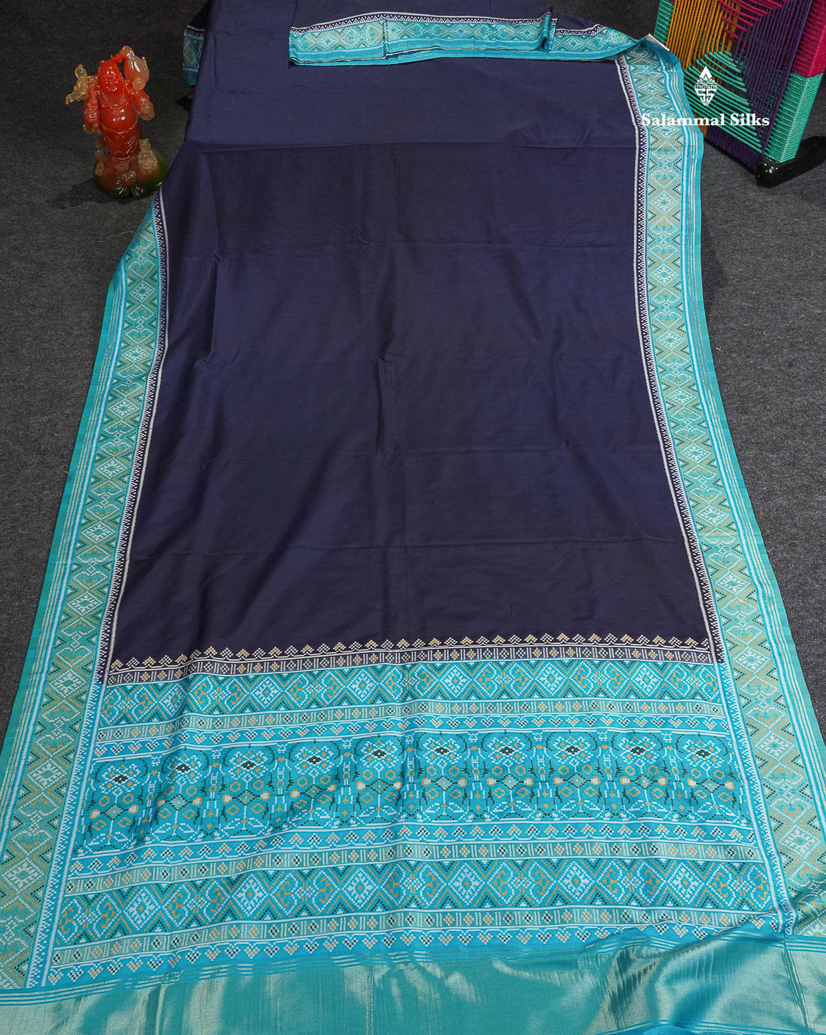 Semi Dola Silk Saree - Navy Blue Colour Plain Body With Contrast Sky Blue Ajirah Print Border 