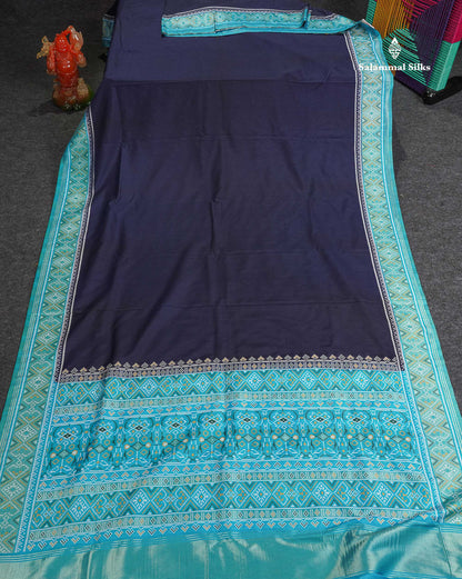 Semi Dola Silk Saree - Navy Blue Colour Plain Body With Contrast Sky Blue Ajirah Print Border 