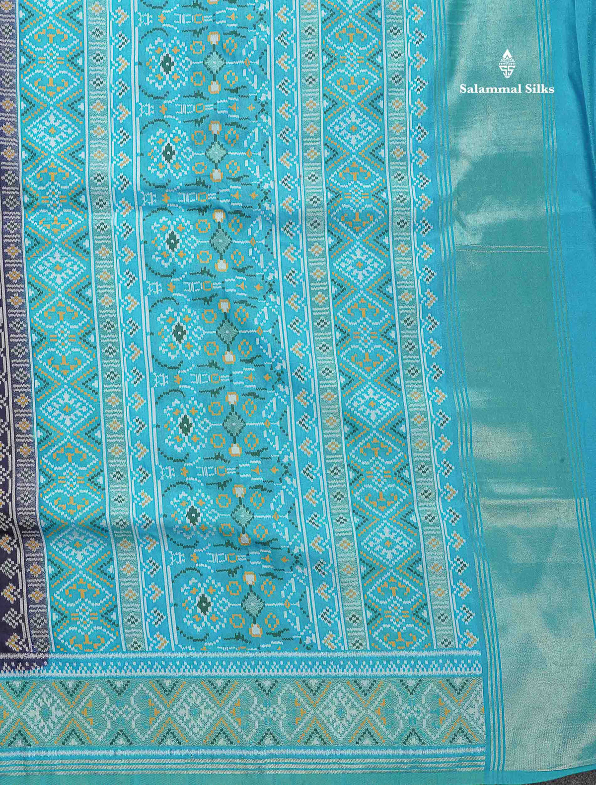 Semi Dola Silk Saree - Navy Blue Colour Plain Body With Contrast Sky Blue Ajirah Print Border