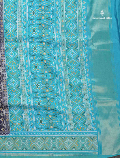 Semi Dola Silk Saree - Navy Blue Colour Plain Body With Contrast Sky Blue Ajirah Print Border