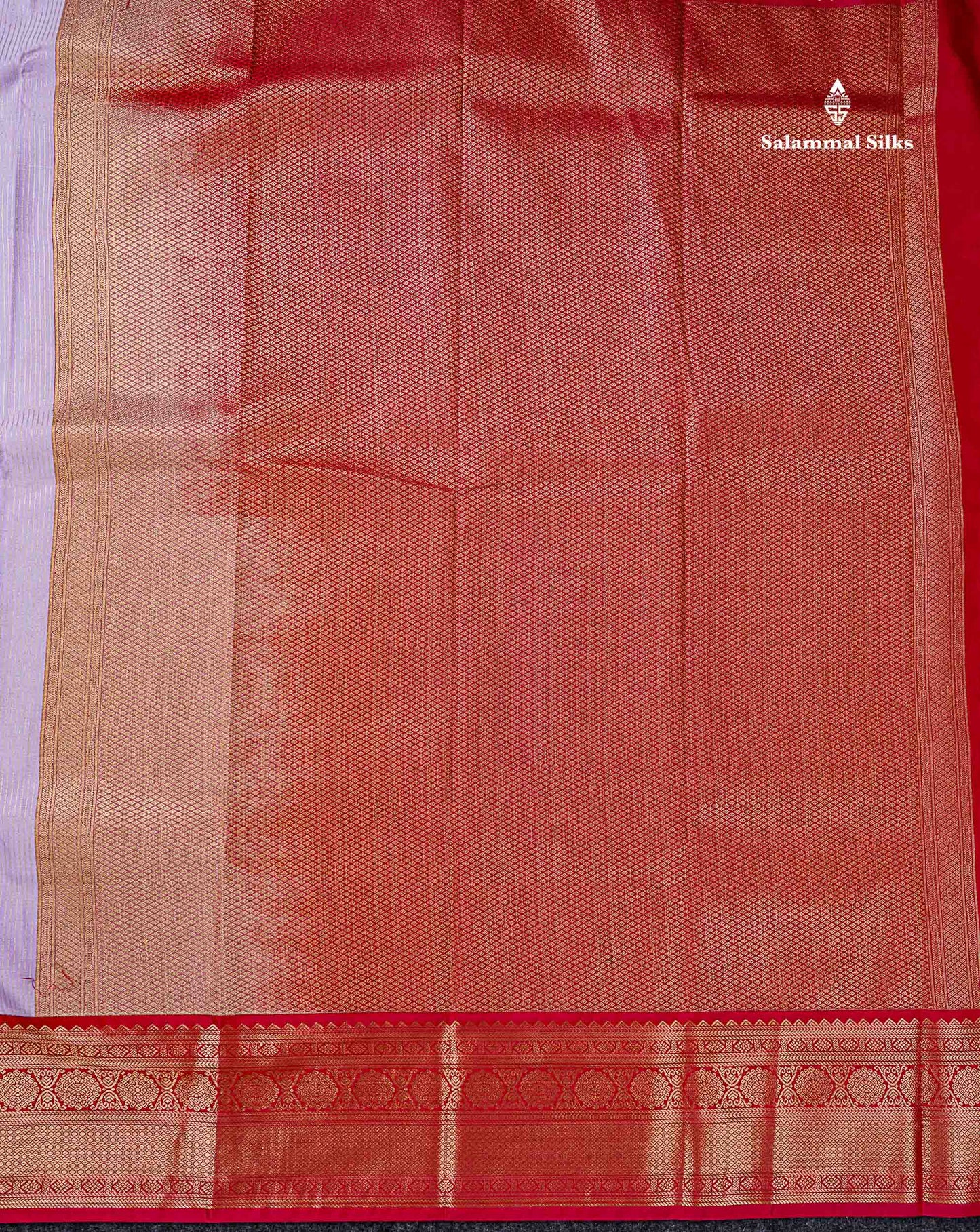 Semi Silk Saree - Light Lavender Butta With Lines Along With Contrast Chilly Red Traditional Border
