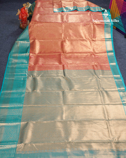 Orange Bridal Tissue Semi Silk Saree With Contrast Sapphire Green Border