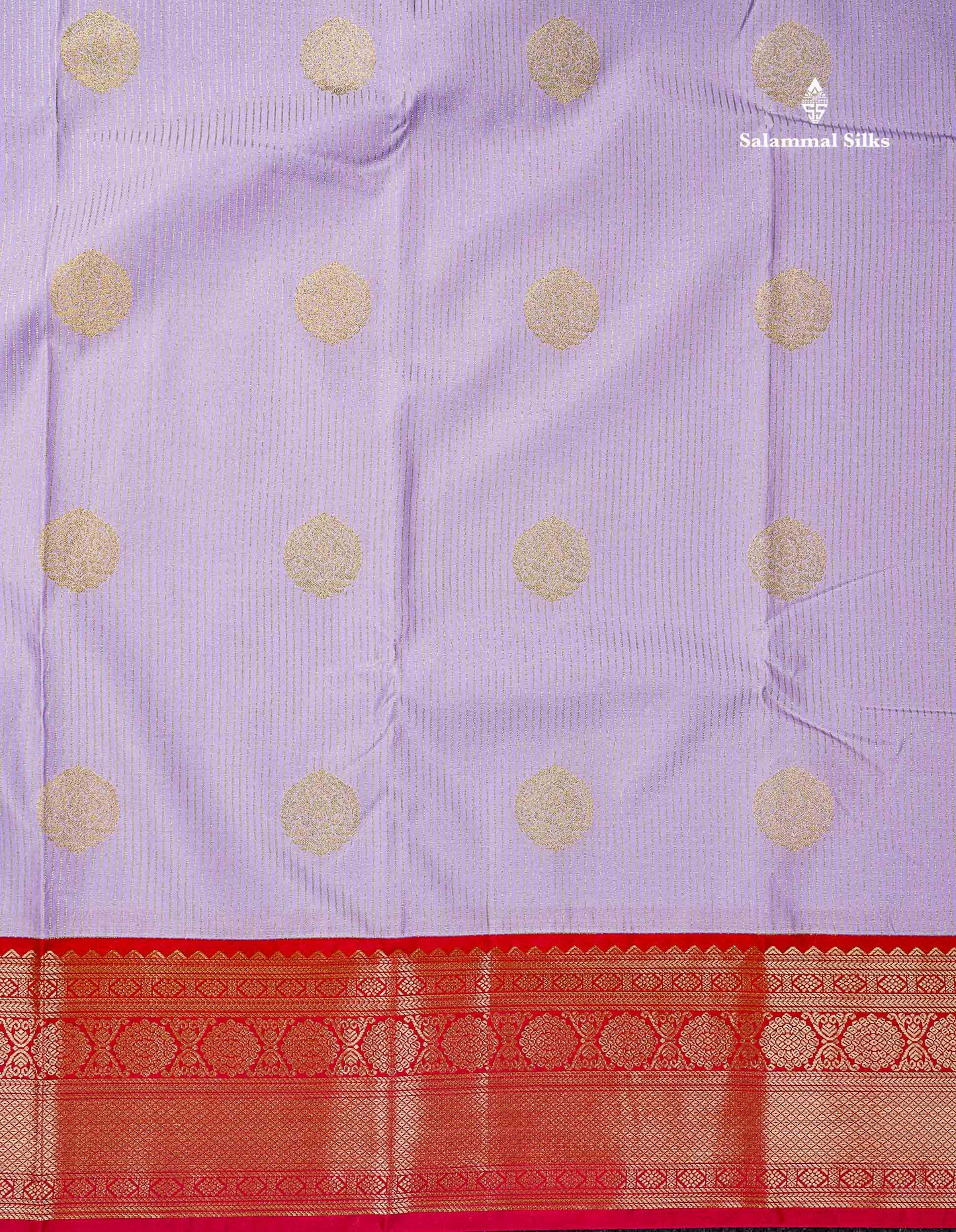 Semi Silk Saree - Light Lavender Butta With Lines Along With Contrast Chilly Red Traditional Border