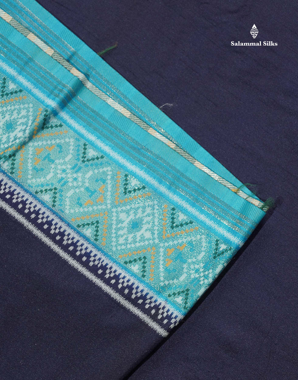 Semi Dola Silk Saree - Navy Blue Colour Plain Body With Contrast Sky Blue Ajirah Print Border