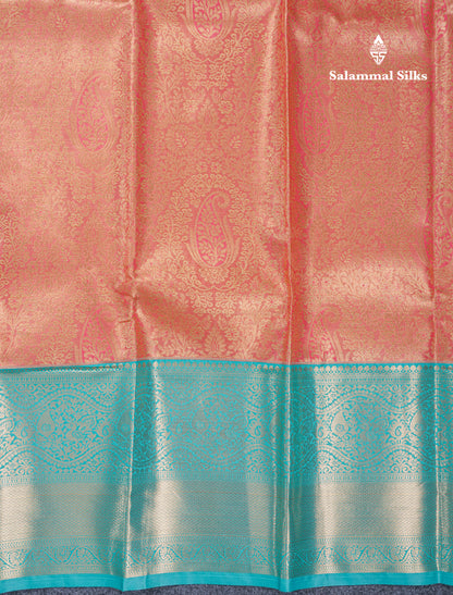 Orange Bridal Tissue Semi Silk Saree With Contrast Sapphire Green Border