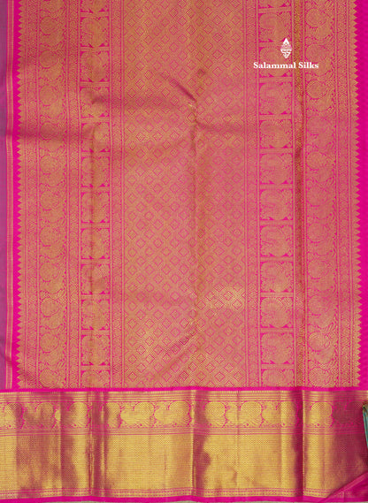Pure zari Peacock Blue Pure Kanjivaram Silk Saree with Contrast Pink Traditional Border