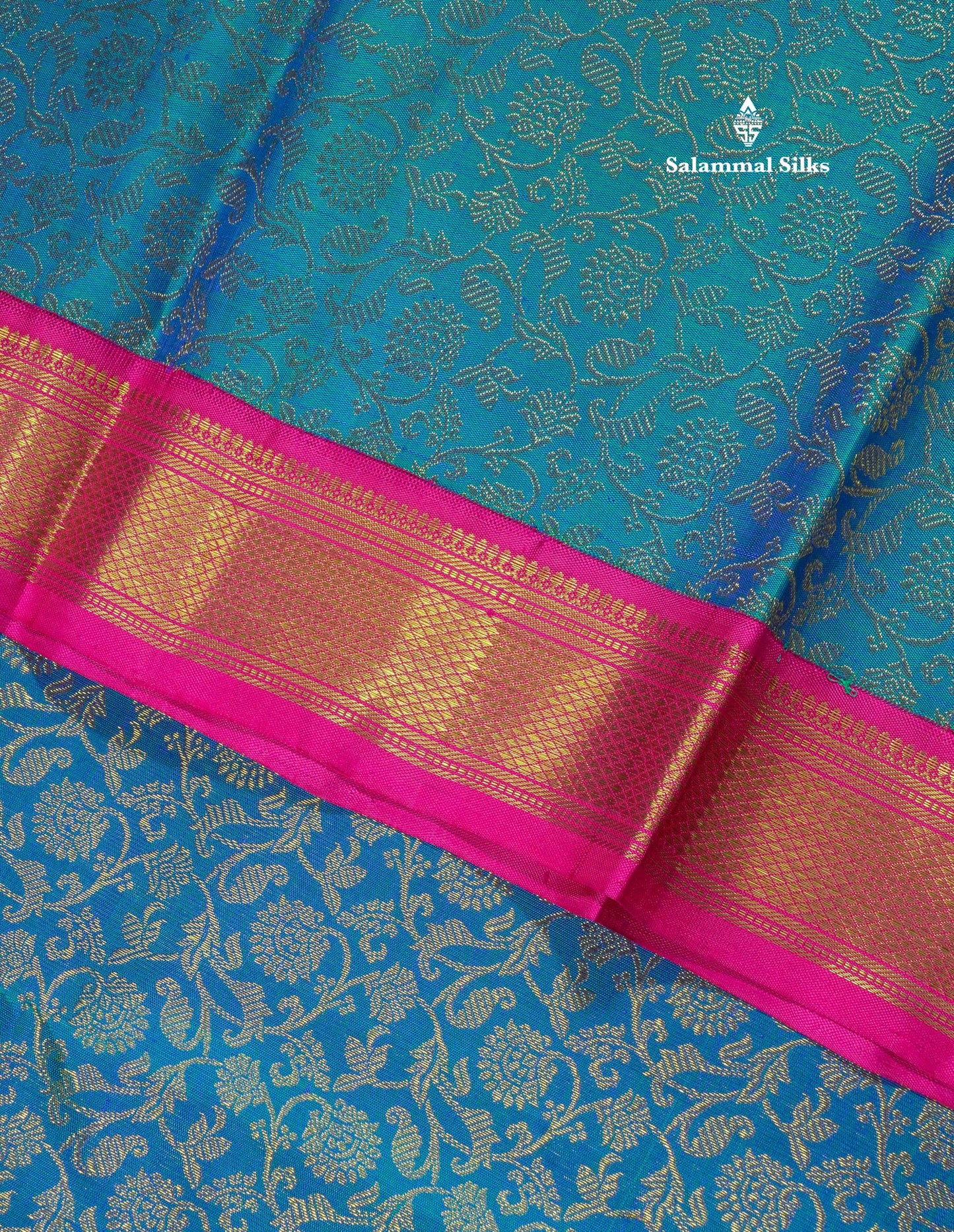 Pure zari Peacock Blue Pure Kanjivaram Silk Saree with Contrast Pink Traditional Border