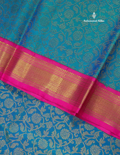 Pure zari Peacock Blue Pure Kanjivaram Silk Saree with Contrast Pink Traditional Border