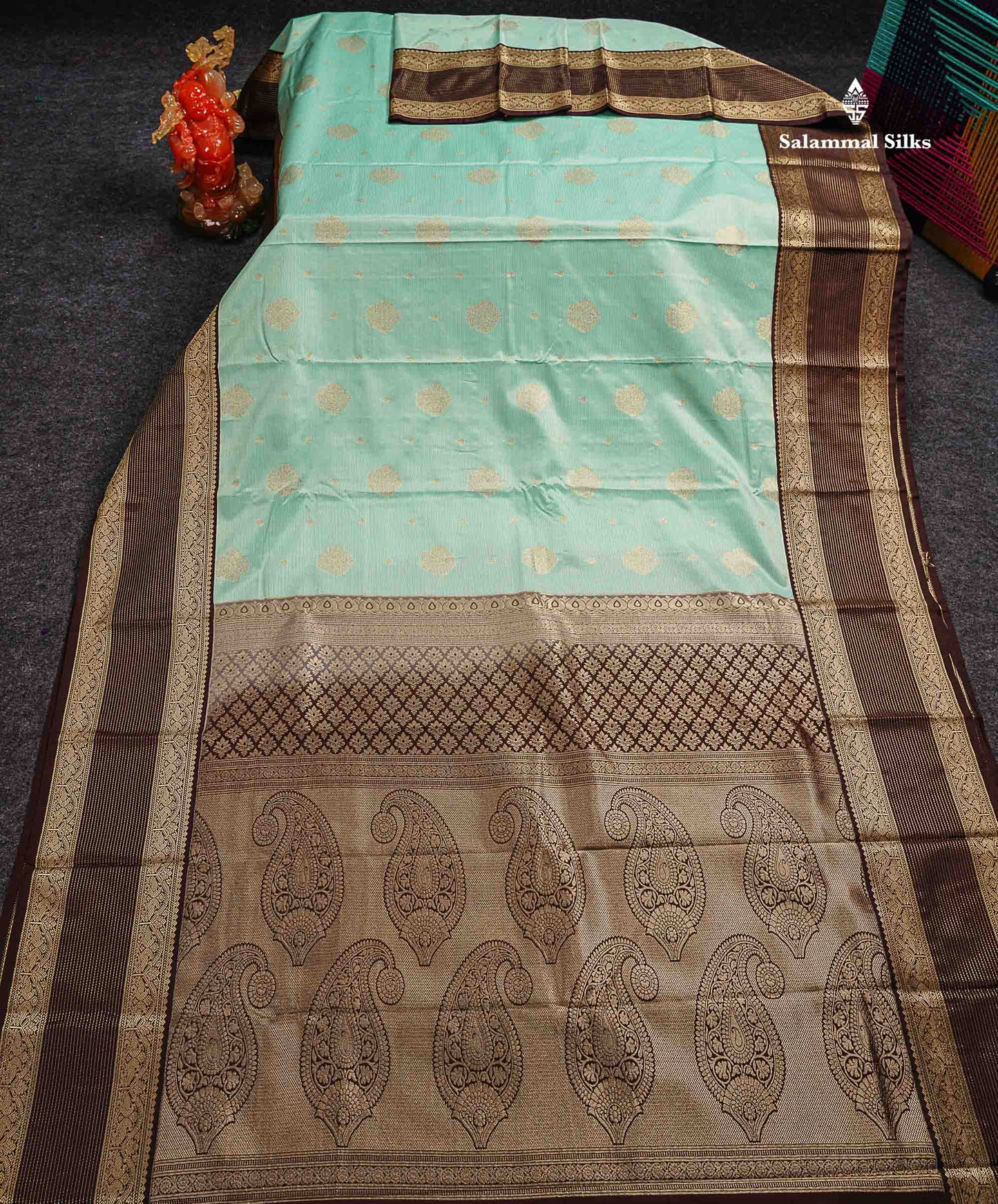 Semi Silk Saree -  Pink Butta With Vaira Oosi Lines Along With Contrast Dark Maroon Traditional Border