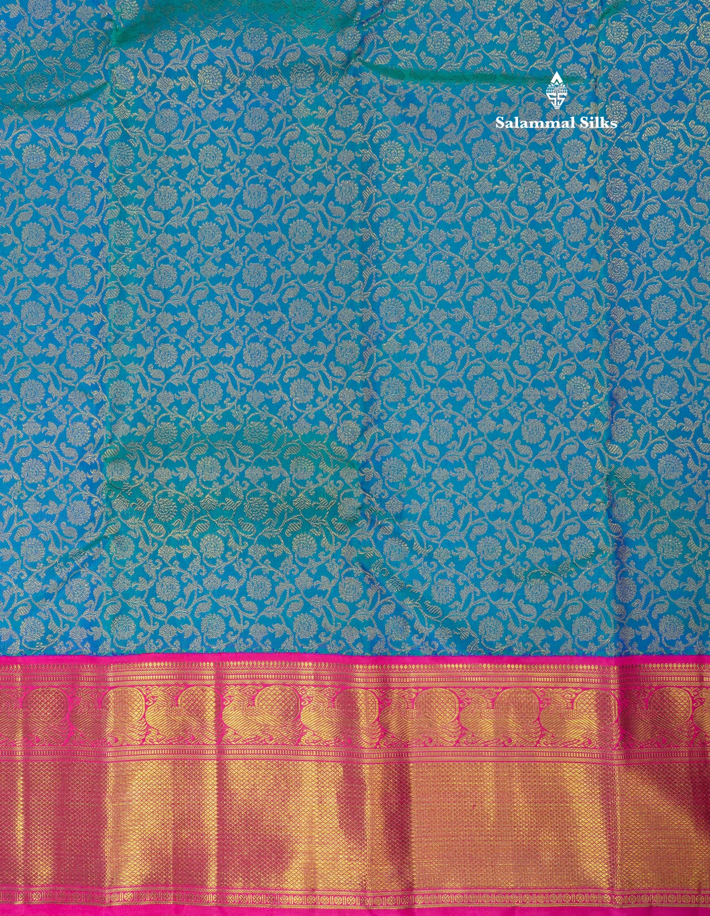 Pure zari Peacock Blue Pure Kanjivaram Silk Saree with Contrast Pink Traditional Border