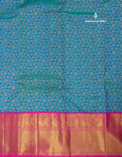 Pure zari Peacock Blue Pure Kanjivaram Silk Saree with Contrast Pink Traditional Border
