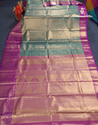 Beautiful Green Tissue Bridal Semi Silk Saree With Contrast Dark Purple Traditional Evening Morning Border