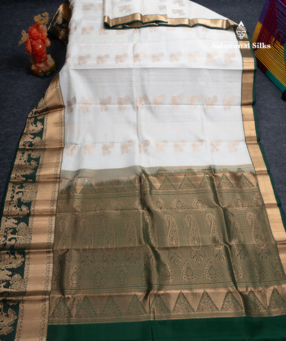 Beautiful White Pure Kanjivaram Silk Saree With Contrast Bottle Green Traditional Evening Morning Pallaku Border
