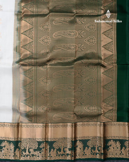 Beautiful White Pure Kanjivaram Silk Saree With Contrast Bottle Green Traditional Evening Morning Pallaku Border