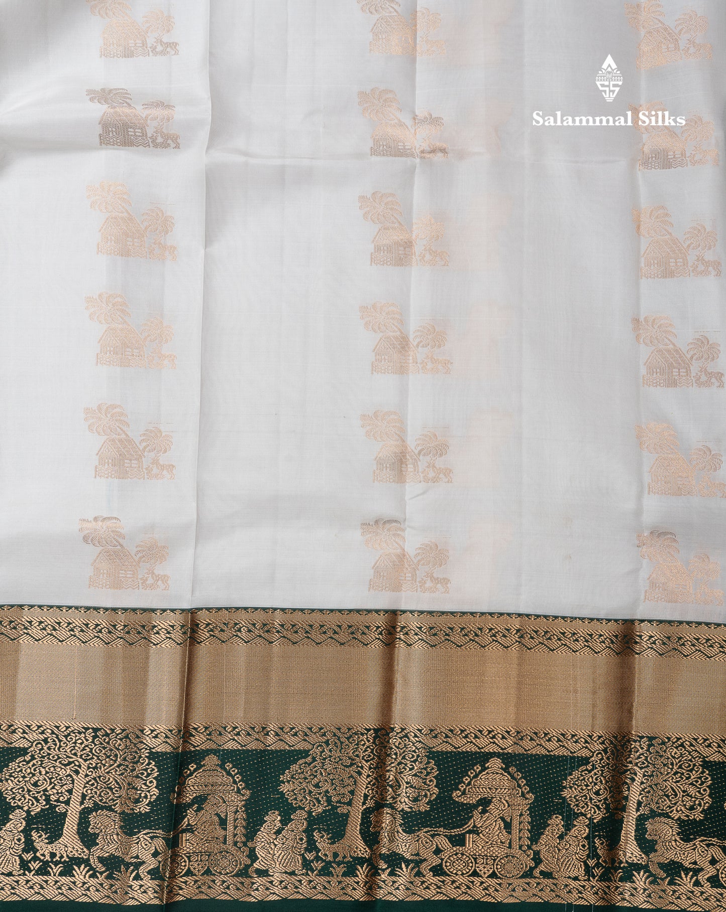 Beautiful White Pure Kanjivaram Silk Saree With Contrast Bottle Green Traditional Evening Morning Pallaku Border