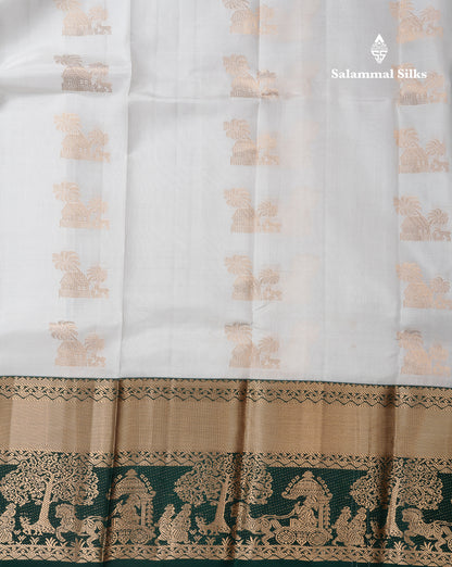 Beautiful White Pure Kanjivaram Silk Saree With Contrast Bottle Green Traditional Evening Morning Pallaku Border