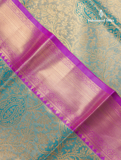 Beautiful Green Tissue Bridal Semi Silk Saree With Contrast Dark Purple Traditional Evening Morning Border