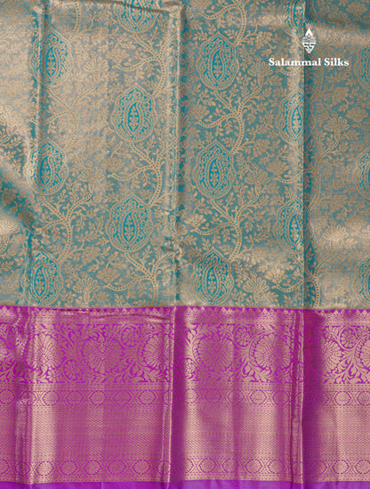 Beautiful Green Tissue Bridal Semi Silk Saree With Contrast Dark Purple Traditional Evening Morning Border