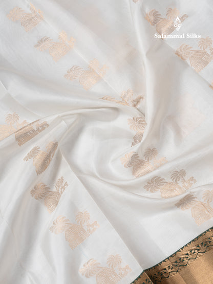Beautiful White Pure Kanjivaram Silk Saree With Contrast Bottle Green Traditional Evening Morning Pallaku Border