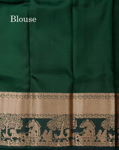 Beautiful White Pure Kanjivaram Silk Saree With Contrast Bottle Green Traditional Evening Morning Pallaku Border